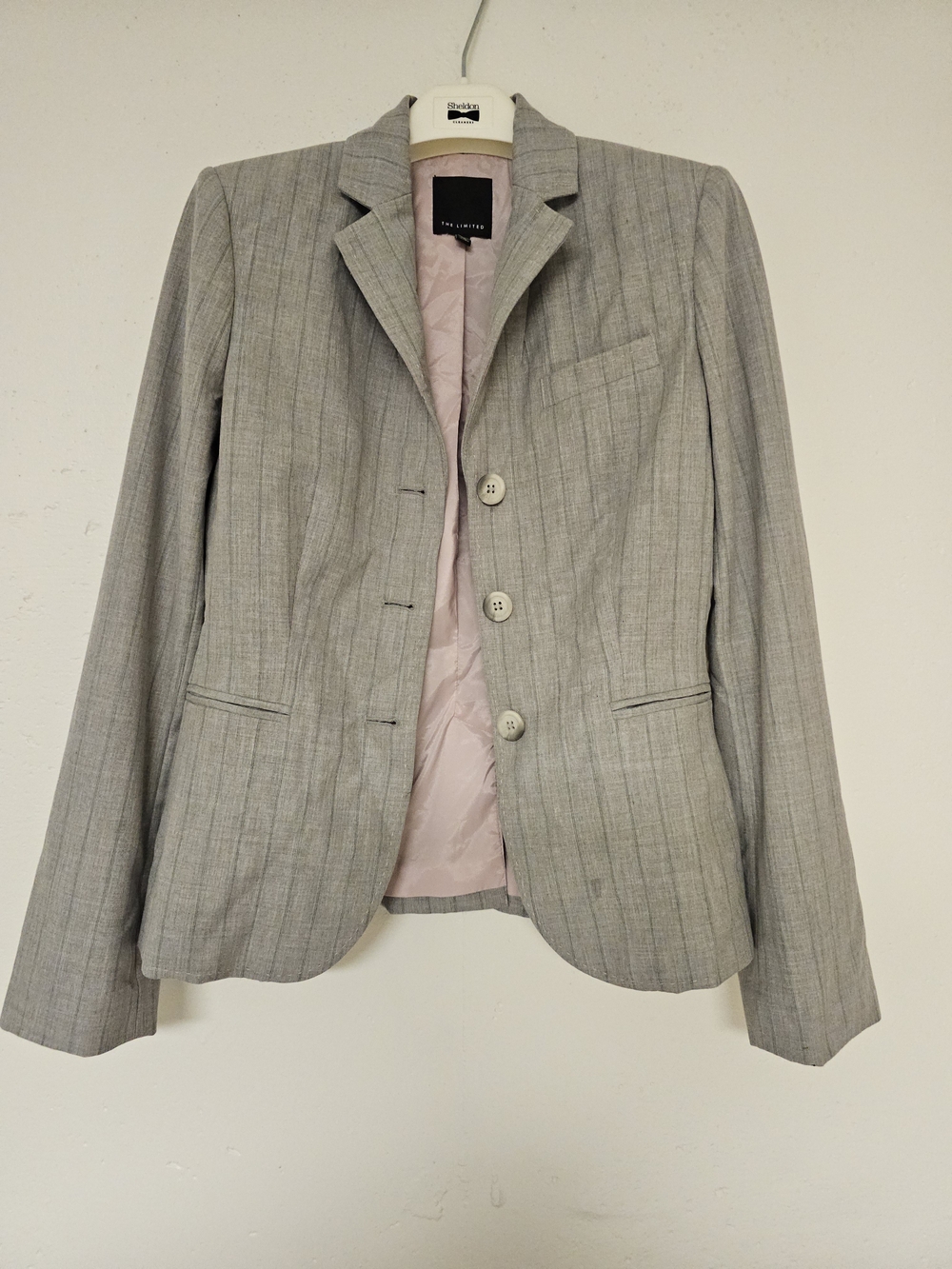 The Limited Light Gray Pinstripe Blazer with Pink Lining
